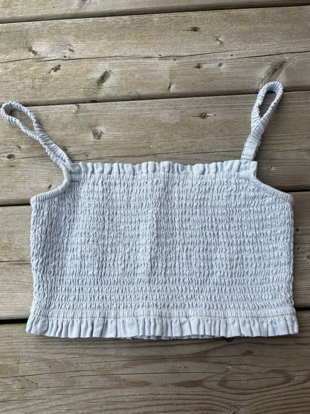 XS Sunday Best Smocked Light Blue Tank Straps Linen Cotton Ruffles Smocked